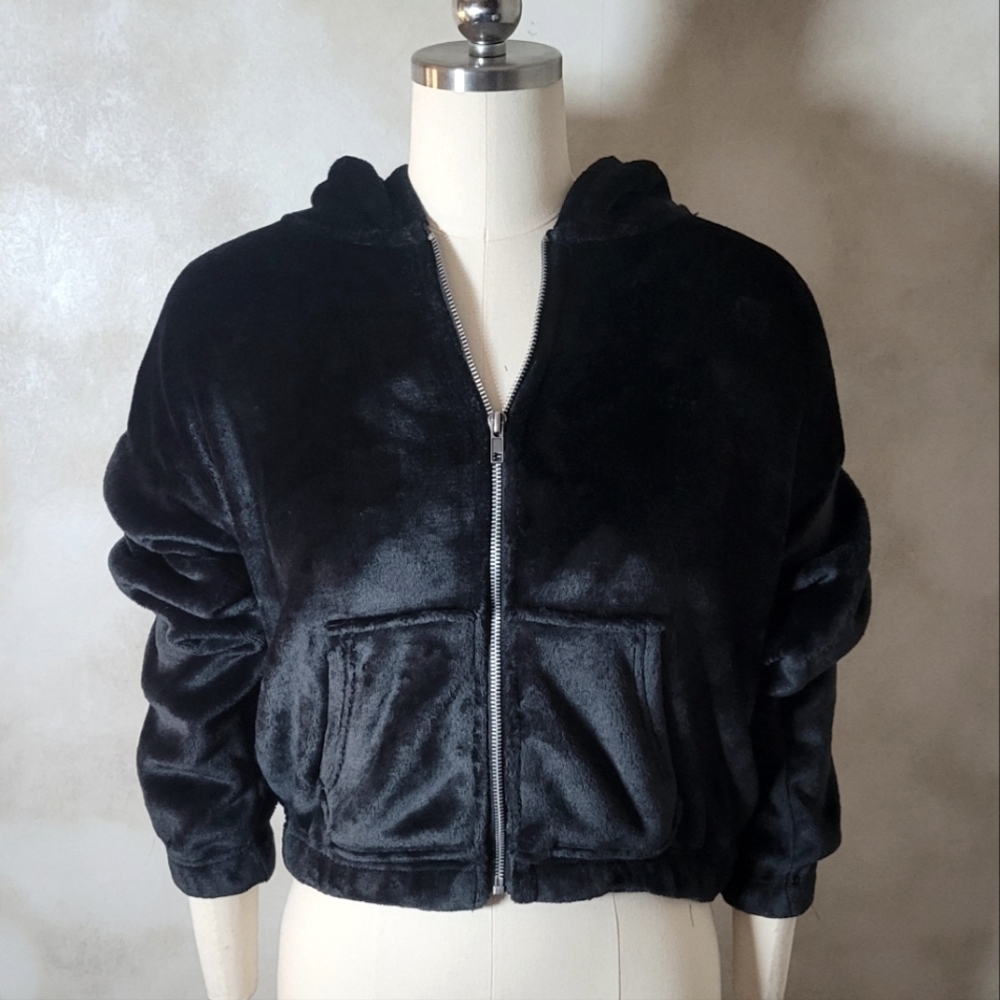 Hippie Rose Long Sleeve Velvet Zip up Hoodie in Black